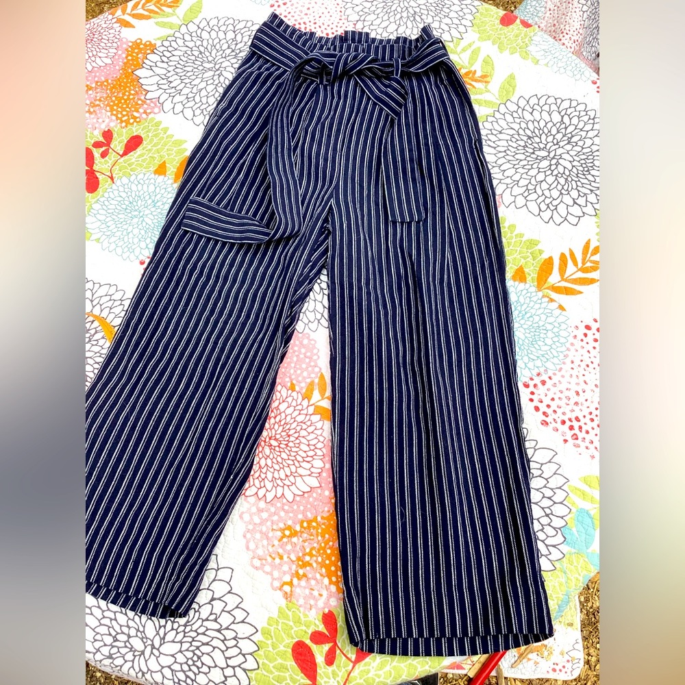 Wide Leg Linen/Cotton Pin Striped Pants with Front Tie 4